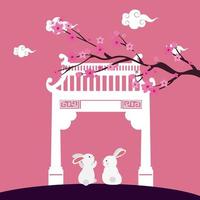 little rabbits with chinese arch and tree plant scene vector