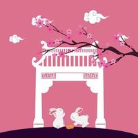 little rabbits with chinese arch and tree plant scene vector