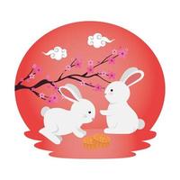 rabbits group witth tree branch floral scene vector