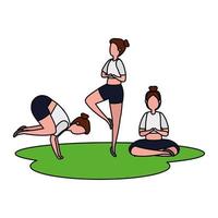 beauty girls group practicing pilates in the grass vector