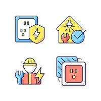 Electrician service RGB color icons set. Surge protection. Electrical safety inspection. Isolated vector illustrations. Operating with electric devices simple filled line drawings collection