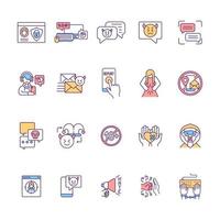 Cyberharassment RGB color icons set. Security option. Anonymity in online interactions. Text bullying. Social media threat for adolescents. Cyberstalking prevention. Isolated vector illustrations