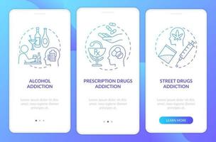 Addiction types onboarding mobile app page screen with concepts. Drugs addiction walkthrough 3 steps graphic instructions. UI, UX, GUI vector template with linear color illustrations