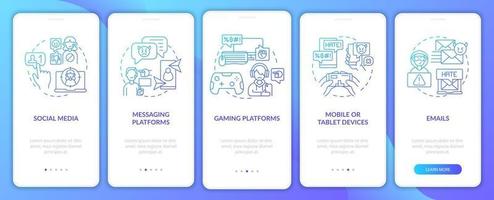 Cyberviolence channels onboarding mobile app page screen with concepts. Gaming platforms, emails walkthrough 5 steps graphic instructions. UI, UX, GUI vector template with linear color illustrations