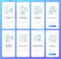 Rehabilitation onboarding mobile app page screen with concepts set. New addiction types walkthrough 5 steps graphic instructions. UI, UX, GUI vector template with linear color illustrations