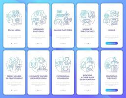 Cyberhumiliation onboarding mobile app page screen with concepts set. Professional counselling walkthrough 5 steps graphic instructions. UI, UX, GUI vector template with linear color illustrations