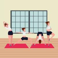 Grupo de chicas de belleza practicando la posición de pilates en el gimnasio. vector