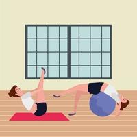 Pareja de chicas practicando pilates con globo en el gimnasio vector