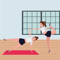 beauty girls couple practicing pilates position in the gym vector