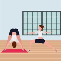 beauty girls couple practicing pilates position in the gym vector
