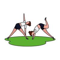 beauty girls couple practicing pilates in grass vector