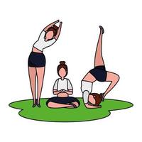 beauty girls group practicing pilates in the grass vector