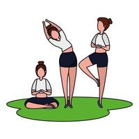 beauty girls group practicing pilates in the grass vector