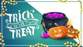 Trick or treat, horizontal green template with witch's pot and pumpkin Jack vector