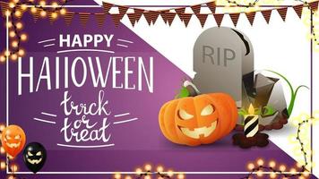 Happy Halloween, horizontal template with tombstone and pumpkin Jack vector