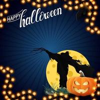 Happy Halloween, square blue template with garland, Scarecrow and pumpkin Jack against the moon vector