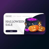 Halloween sale, modern discount banner with witch's pot and pumpkin Jack vector