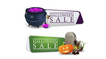 venta de halloween, dos pancartas de descuento en las que se puede hacer clic con poción, lápida y calabaza vector