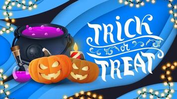 Trick or treat, horizontal blue card in paper cut style with witch's pot and pumpkin Jack vector