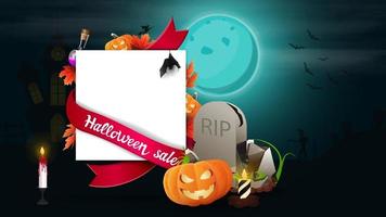 venta de halloween, plantilla para banner de descuento en forma de hoja de papel con decoración de halloween, lápida y calabaza vector