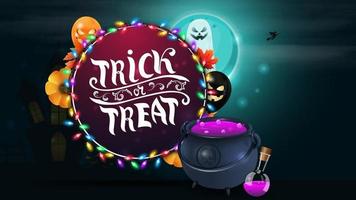 Trick or treat, round greeting postcard with witch's pot with potion vector