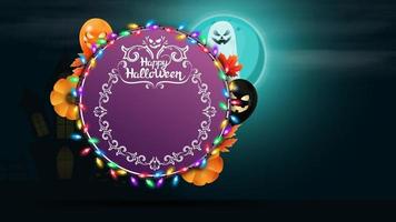 Happy Halloween, round greeting postcard with Halloween night landscape on background vector