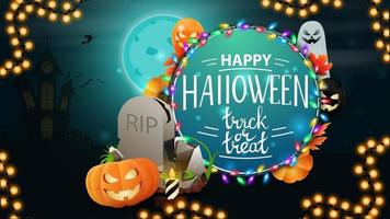 Happy Halloween, trick or treat, round greeting postcard with tombstone and pumpkin Jack vector