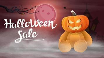 venta de halloween, banner de descuento horizontal con paisaje rojo, oso de peluche con cabeza de calabaza jack vector