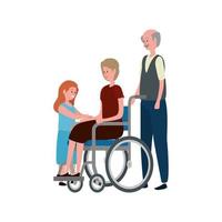 cute grandparents couple in wheelchair with granddaughter vector