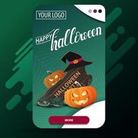 feliz halloween, postal de saludo moderno vertical con cartel de madera, sombrero de bruja y gato de calabaza vector