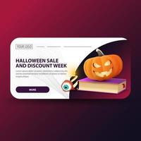 Venta de Halloween y semana de descuentos, banner web moderno con libro de hechizos y calabaza. vector