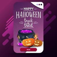 Happy Halloween, trick or treat, vertical modern greeting postcard with witch's pot and pumpkin Jack vector