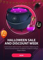 venta de halloween y semana de descuento, banner web vertical rosa moderno con botón, olla de bruja con poción vector