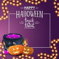 Happy Halloween, trick or treat, square greeting postcard with witch's pot and pumpkin Jack vector