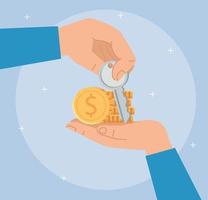 coins and key between hands vector