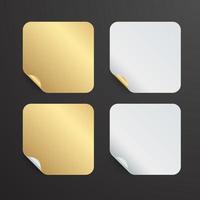 Realistic set white and gold stickers or patches mockup. Blank labels of different shapes square. 3d vector