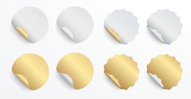 Realistic set white and gold stickers or patches mockup. Blank labels of different shapes round and seal circle. 3d vector