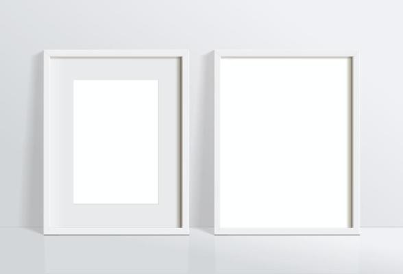 Minimal empty square black frame picture mock up hanging on white wall background