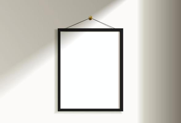 Minimal empty square black frame picture mock up hanging on white wall background