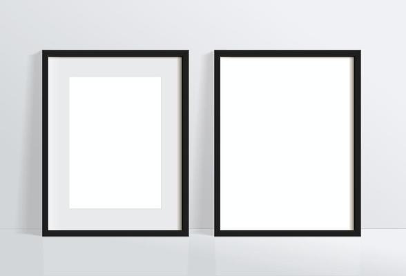 Minimal empty square black frame picture mock up hanging on white wall background