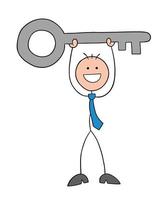 Stickman Businessman Character Happy and Raising Big Key Vector Cartoon Illustration