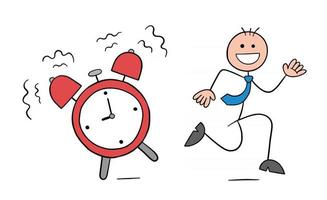 Alarm Goes Off and Stickman Businessman Character Running Vector Cartoon Illustration