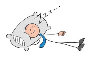stickman, hombre de negocios, carácter, duerme, con, un, almohada, vector, caricatura, ilustración