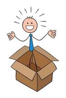 Stickman Businessman Character in the Empty Box and Happy Vector Cartoon Illustration