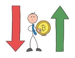 Stickman Businessman Character Holding Bitcoin Coin and with Arrows Moving Down and Up Vector Cartoon Illustration