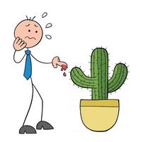 Stickman Businessman Character Touches the Cactus Thorn and His Finger Bleeds Vector Cartoon Illustration