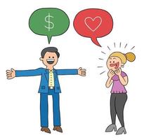 Cartoon Man Says He Has a Lot of Money and She Falls in Love With Him Vector Illustration