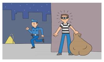 Cartoon Thief Man is Hiding Behind the Wall the Police Are Looking For Him Vector Illustration