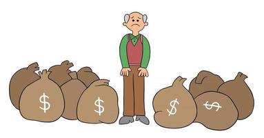 Cartoon Old Man Has Lots of Money But He is Unhappy Vector Illustration