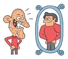 Cartoon Ugly Man Looks in the Mirror and Thinks He is So Handsome Vector Illustration